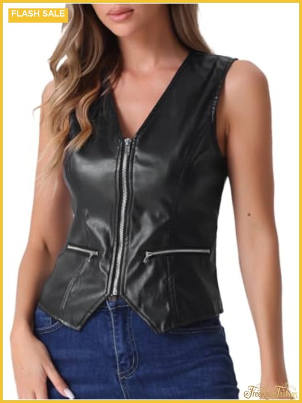 Faux Leather V Neck Sleeveless Zip Waistcoat Vest for Women